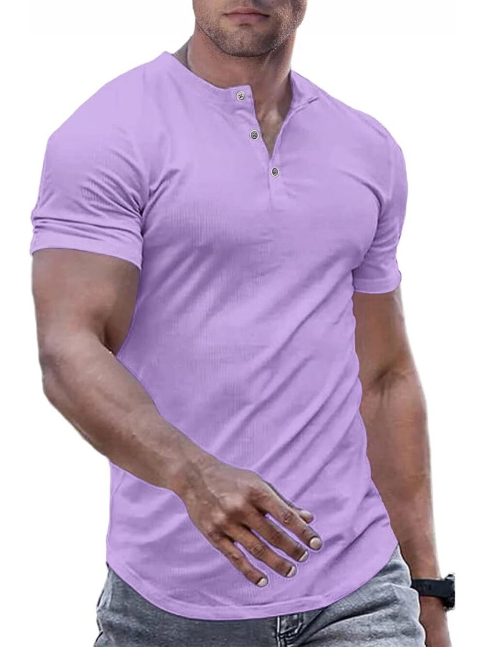 Men's Purple Muscle Slim Henley Crewneck Longline Athletic Button Tees Shirts